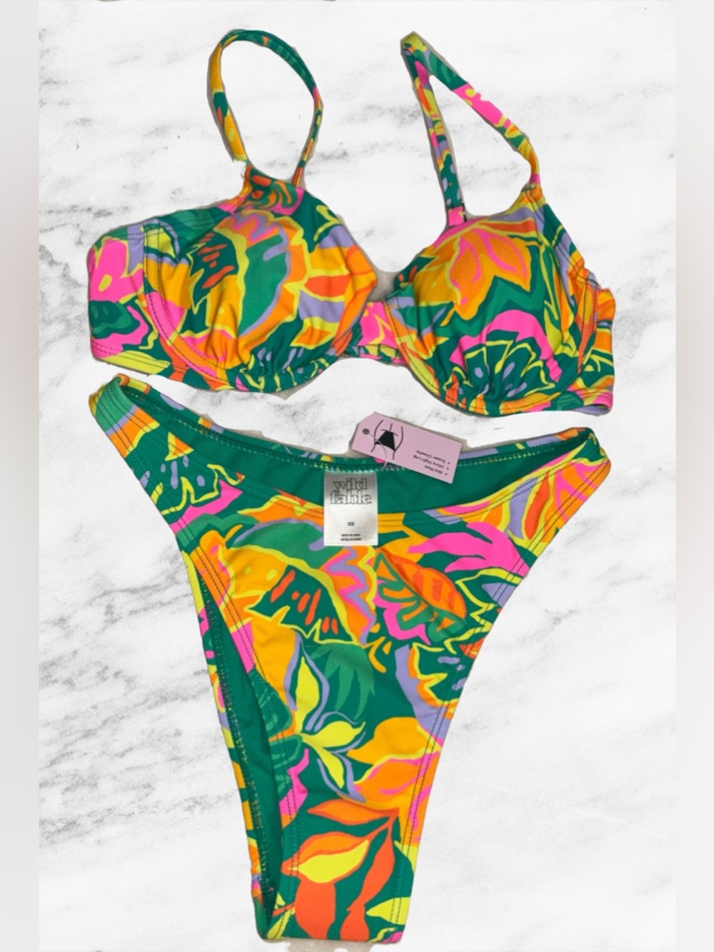 wild fable Green Pink Yellow Tropical Print Bikini Set